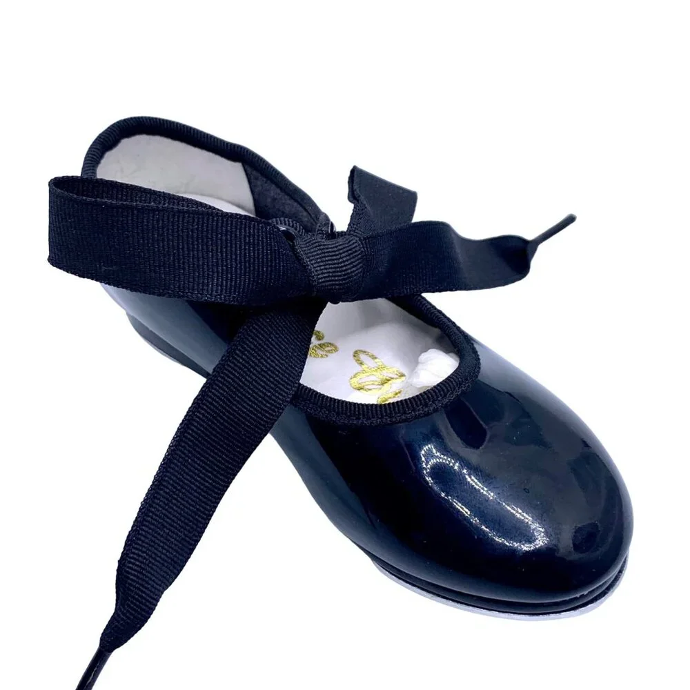 Little Girl Black Patent Leather Tyette Tie Tap Shoes Size 1.5 Wide Dance Class